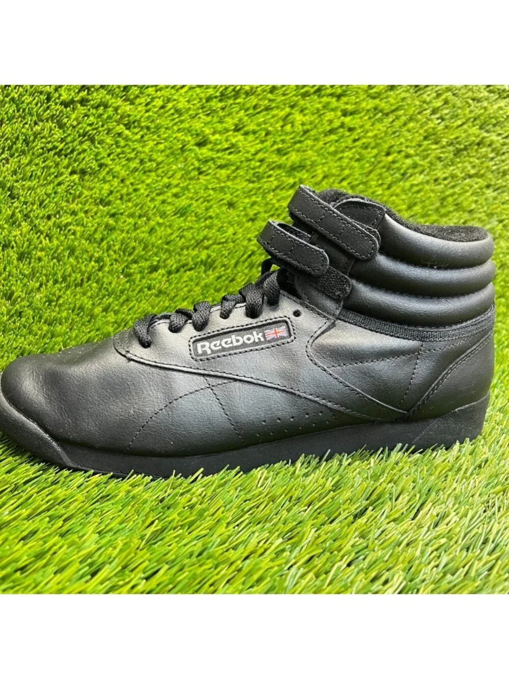 Reebok Freestyle Hi Womens Size 9.5 Triple Black Athletic Leather Shoes Sneakers